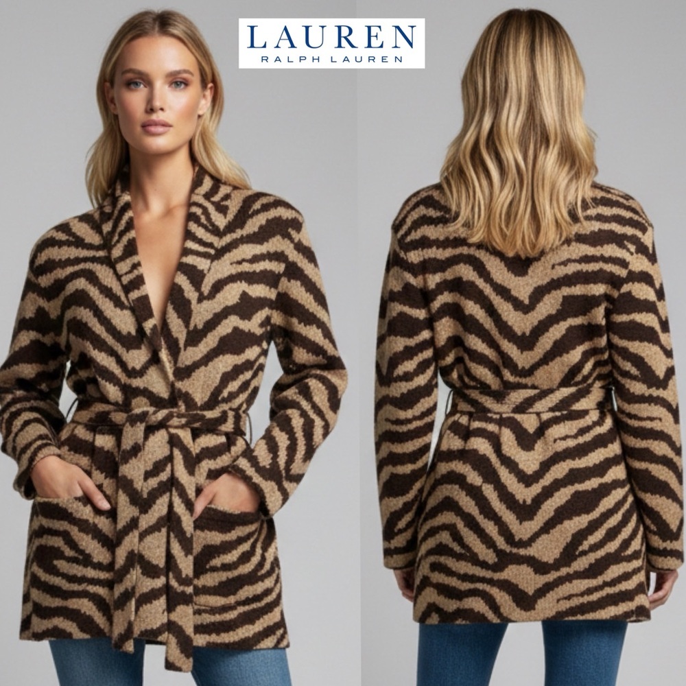 Lauren Ralph Lauren Zebra Print Linen Cotton Belt Cardigan Hand Knit Coatigan M - Picture 1 of 16